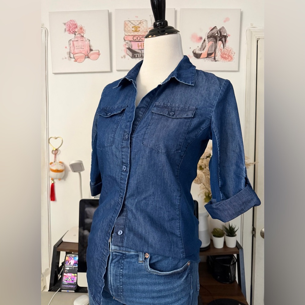 🍒Brand New without tag Cavalini Dark Blue Denim Button-Down Shirt - Picture 3 of 6